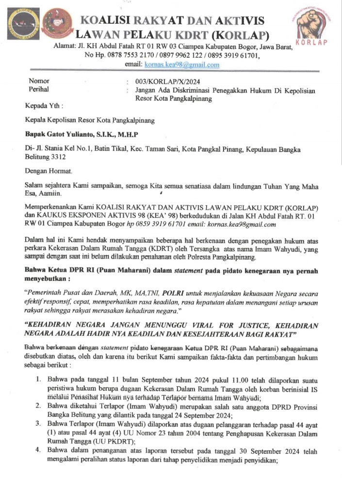 Aktivis Minta Polresta Pangkalpinang Segera Tahan Tersangka Imam Wahyudi Pelaku KDRT Penegakan Hukum Secara Adil Jangan Ada Diskriminasi Hukum