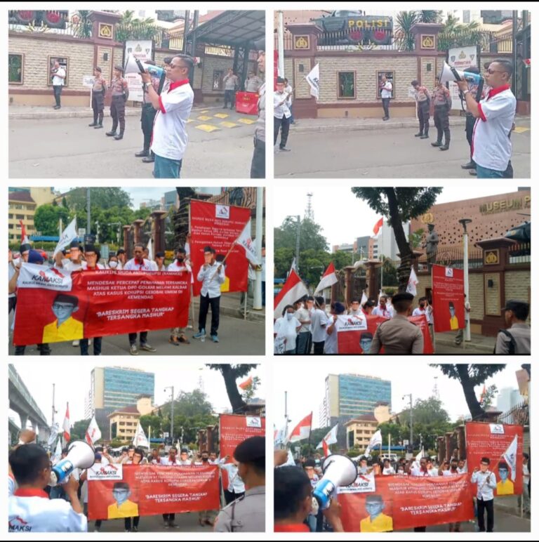 KAUKUS MUDA ANTI KORUPSI (KAMAKSI) GELAR AKSI TEATRIKAL DI MABES POLRI TANGKAP TERSANGKA MASHUR KETUA DPD GOLKAR MELAWI KALBAR KASUS KORUPSI GEROBAK UMKM DI KEMENDAG